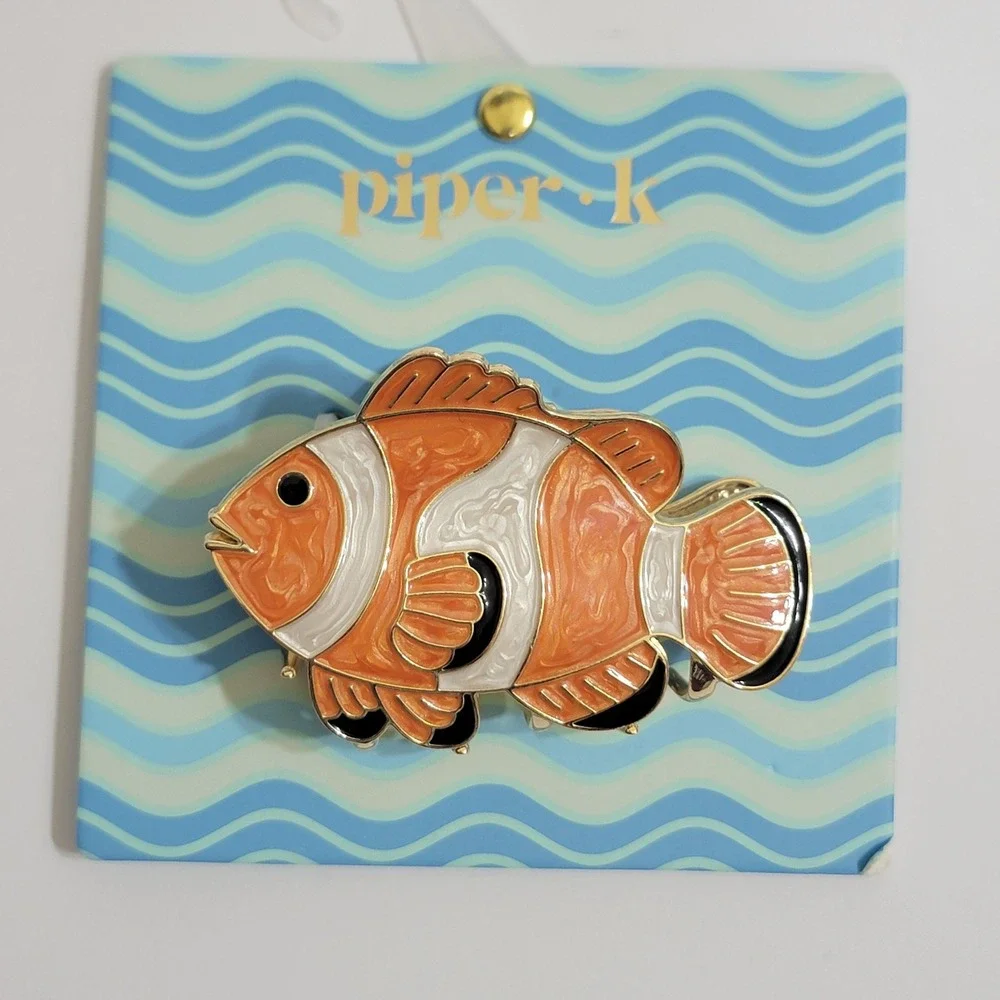 Piper K Clownfish Hair Claw Clip Orange White Enamel Tropical Fish Gold Nemo NEW